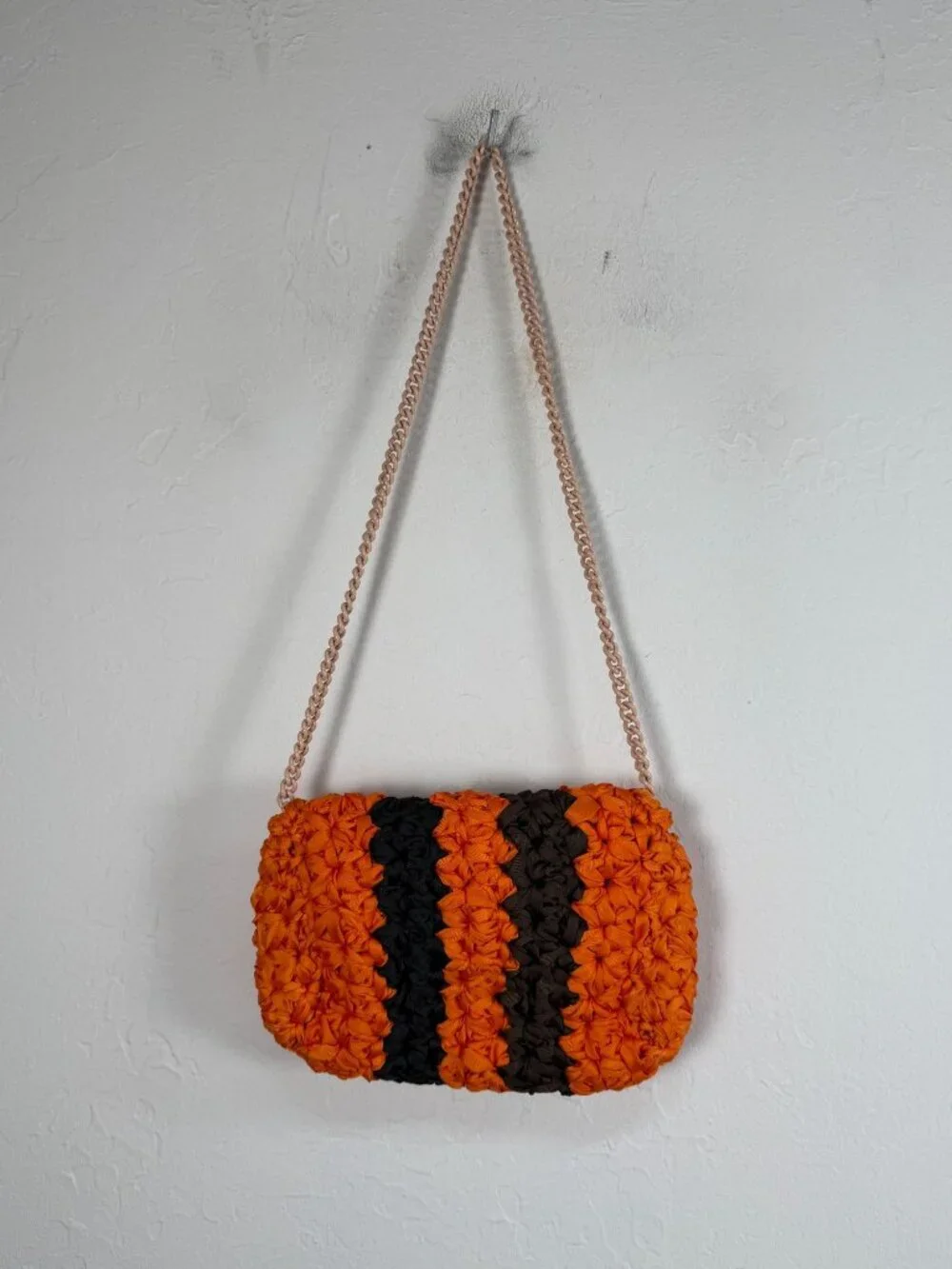 Maria La Rosa Made in Italy Ribbon Crochet Bag Orange Black Chain Strap